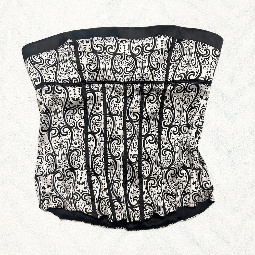 Vtg Y2K Bebe Silk Strapless Corset Boning Black & White Top Size Large (L)